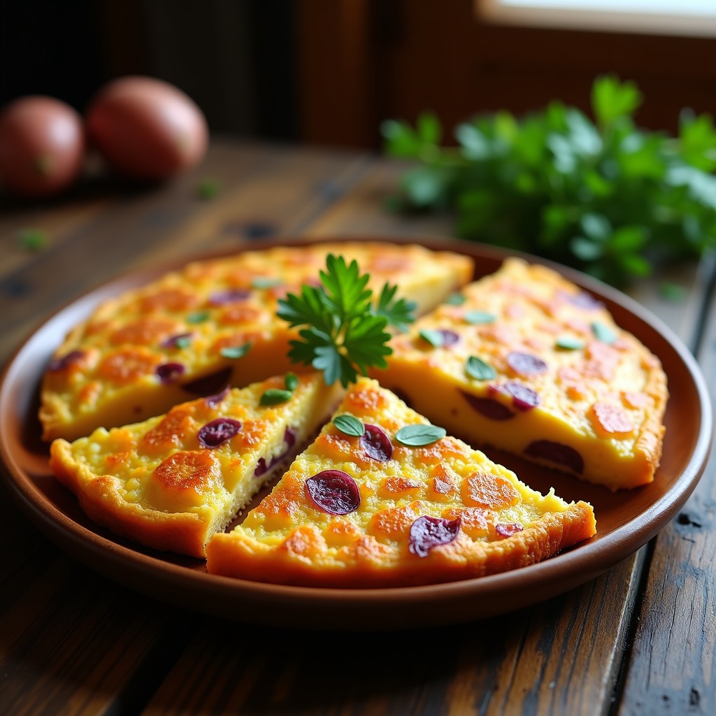 Tortilla vegana de patata y batata sin huevo, dorada por fuera y esponjosa por dentro, servida en plato de madera rústico con rodajas de cebolla morada asomando.