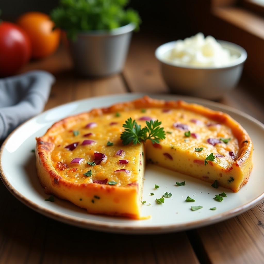 Tortilla dorada de patata y batata en Thermomix, cortada en porciones, con trozos visibles de cebolla morada y perejil fresco, servida en plato blanco rústico.