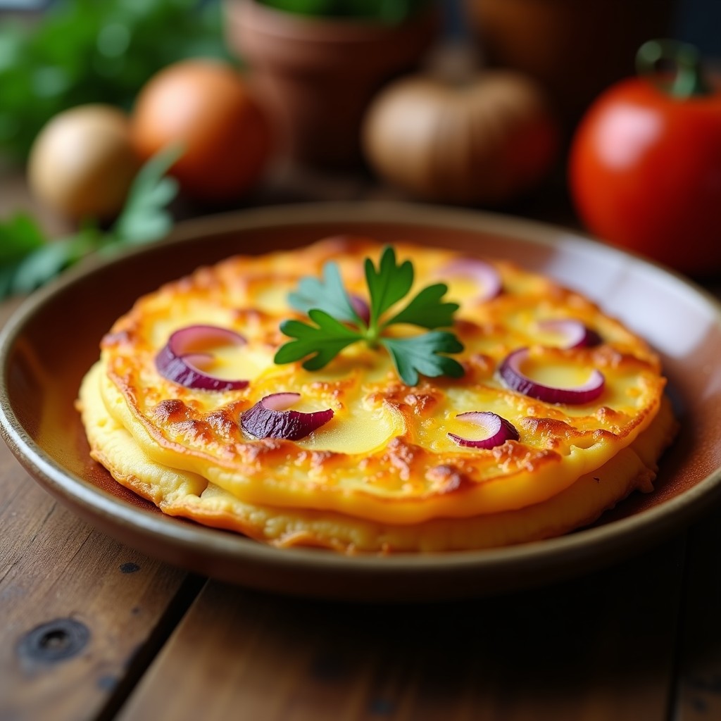 Tortilla de patata y batata dorada por fuera y esponjosa por dentro, con trozos visibles de cebolla morada, servida en plato de barro rústico.