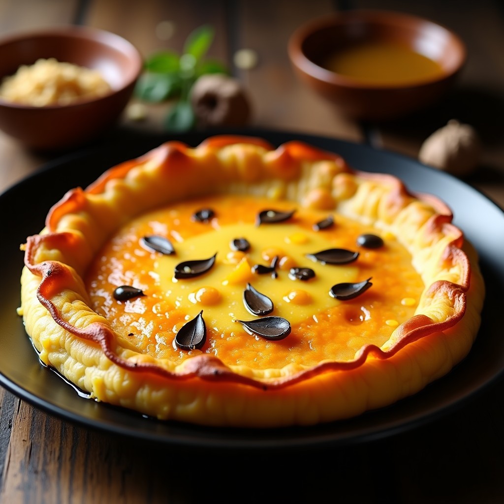 Tortilla de patata y batata trufada en sartén antiadherente, dorada por ambos lados, con rodajas de cebolla morada visibles y un hilo de aceite de trufa negra brillante en la superficie.
