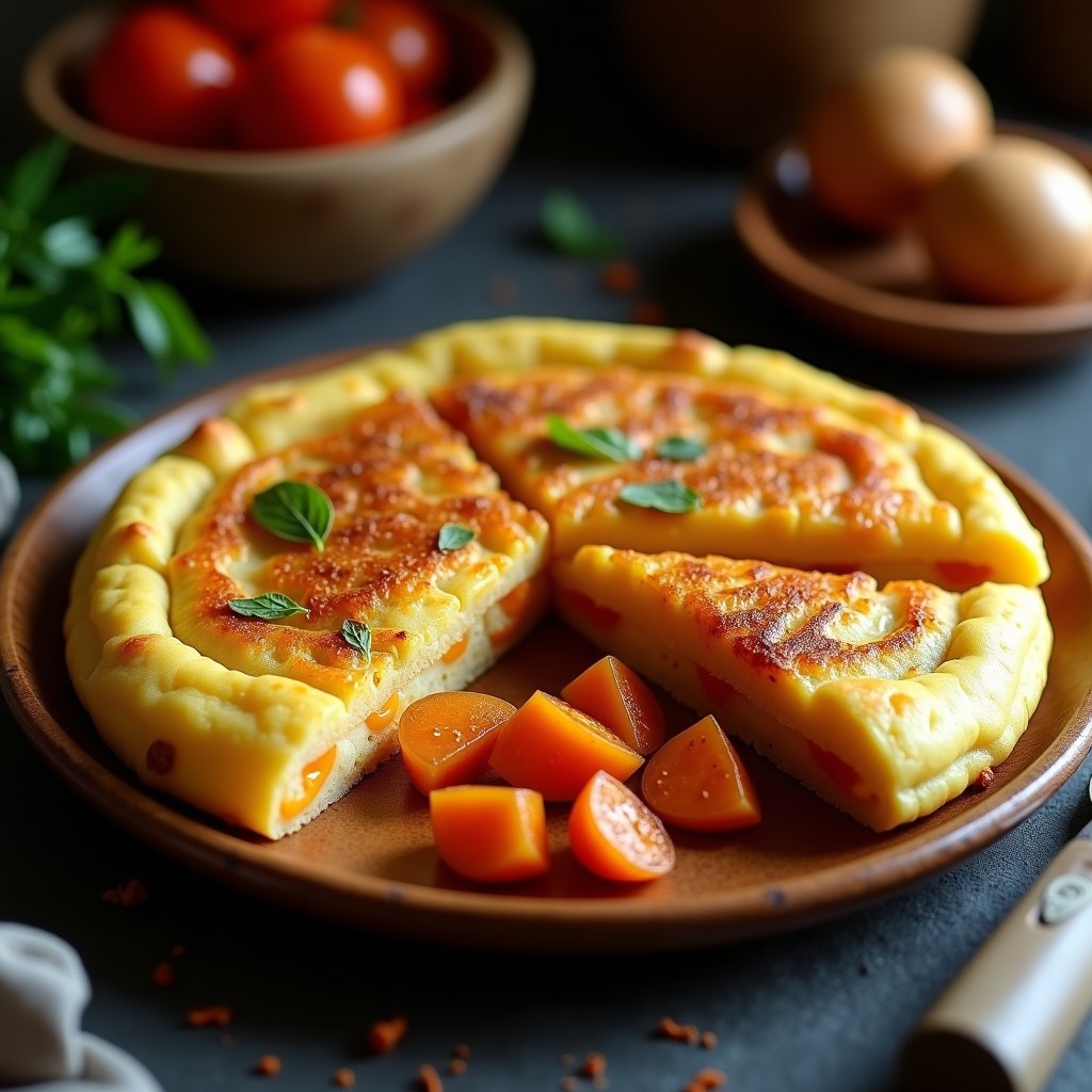 Tortilla dorada y esponjosa de patata y boniato ahumado sobre plato de madera, con trozos visibles de cebolla morada y un toque de pimentón espolvoreado. Receta sin lactosa.