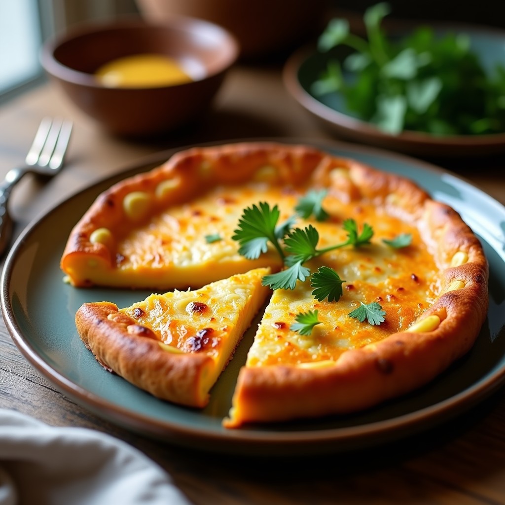 Tortilla dorada y esponjosa de patata y boniato al horno, cortada en porciones, con bordes ligeramente caramelizados y perejil fresco espolvoreado. Plato rústico de fondo con tenedor de madera.