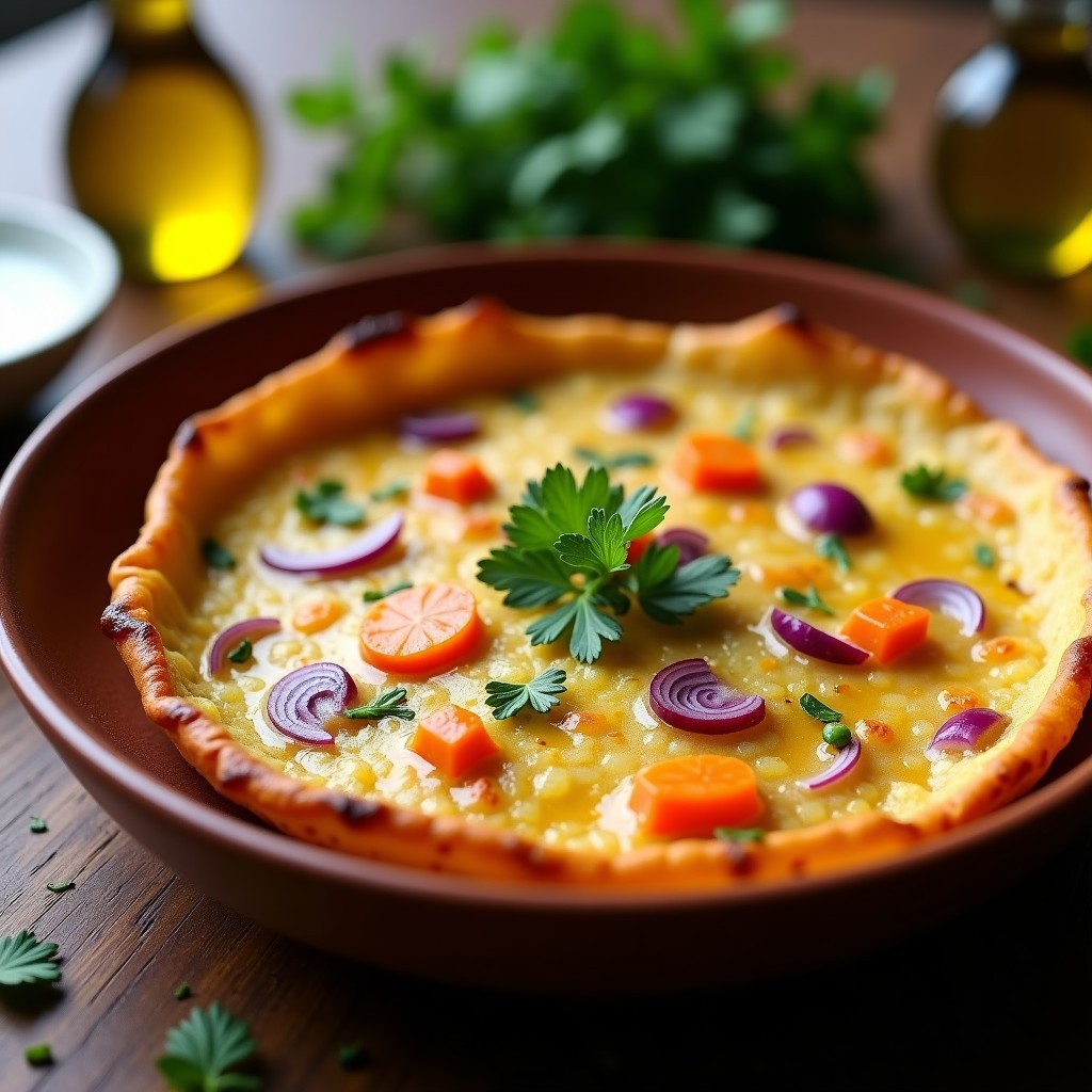 Tortilla vegana dorada de patata y boniato en molde redondo, con bordes crujientes y centro jugoso, espolvoreada con perejil fresco sobre fondo rústico de madera.