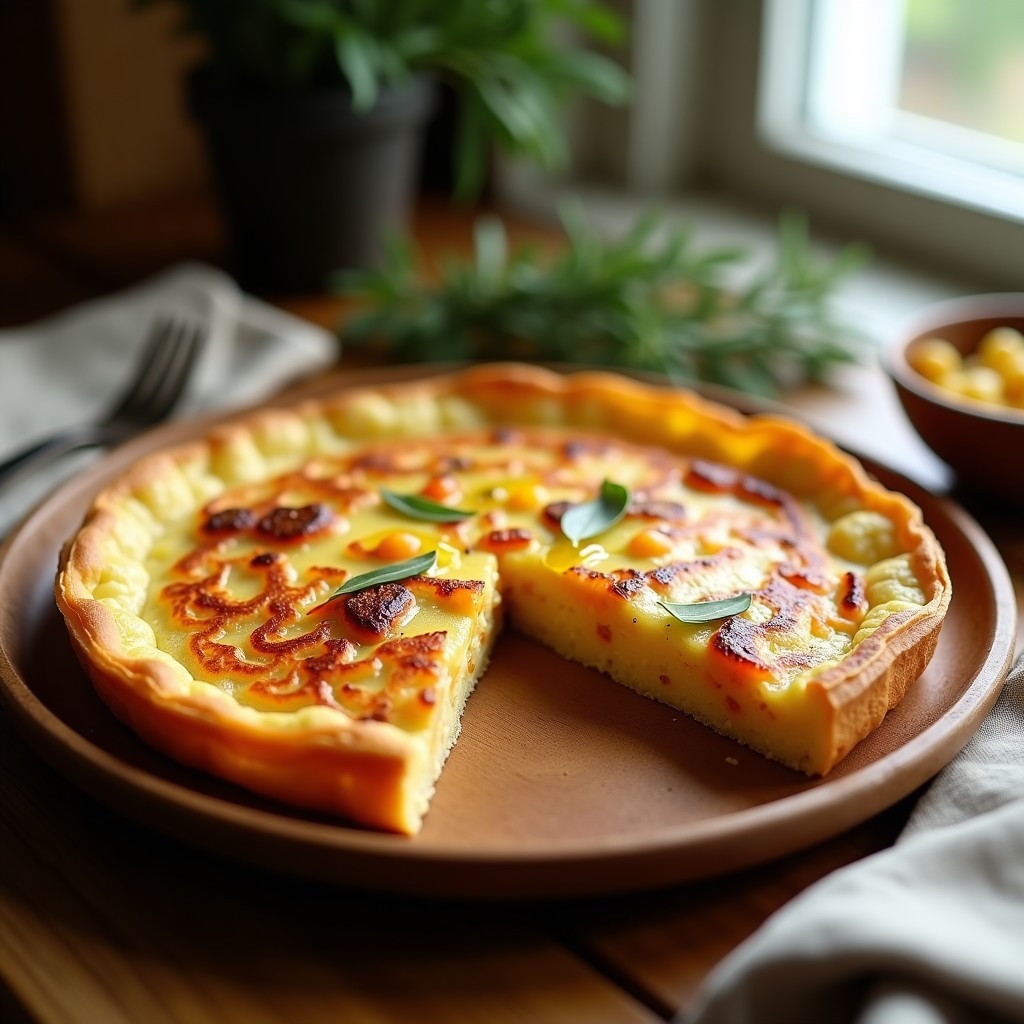 Tortilla vegana de patata y boniato dorada, cortada en porciones, con textura esponjosa y crujiente, servida en plato de madera rústico.