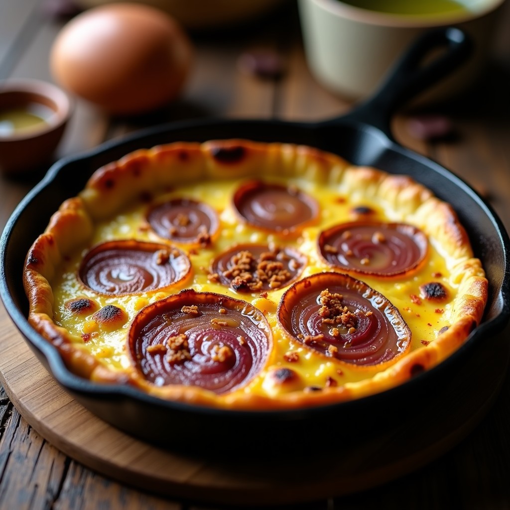 Tortilla de patata y cebolla ahumada en sartén de hierro, dorada por fuera y jugosa por dentro, con trozos de cebolla caramelizada visibles, receta olla lenta con toque a leña.