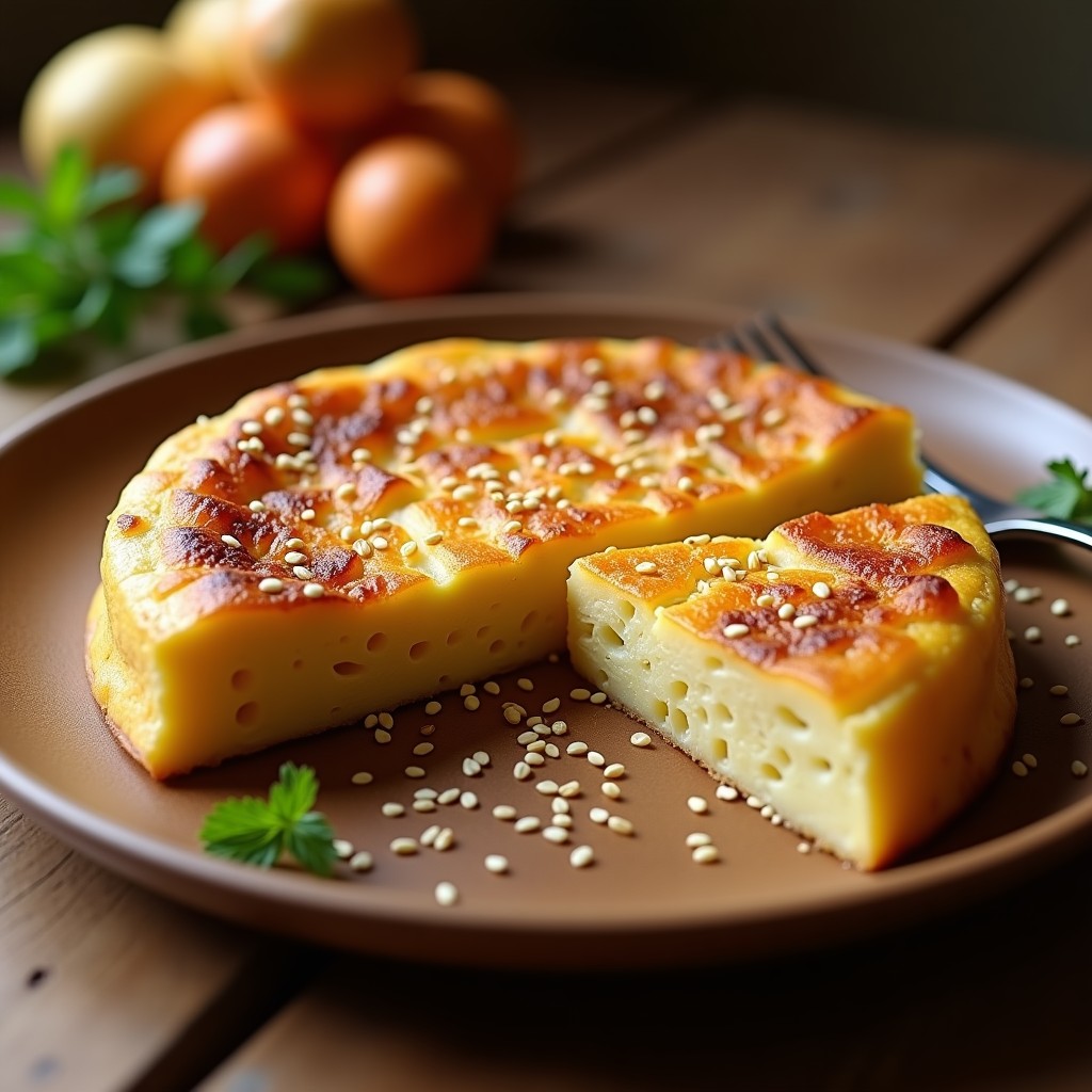 Tortilla española dorada con ajonjolí tostado espolvoreado, cortada en porciones, sobre un plato de madera rústico con fondo de cocina tradicional.