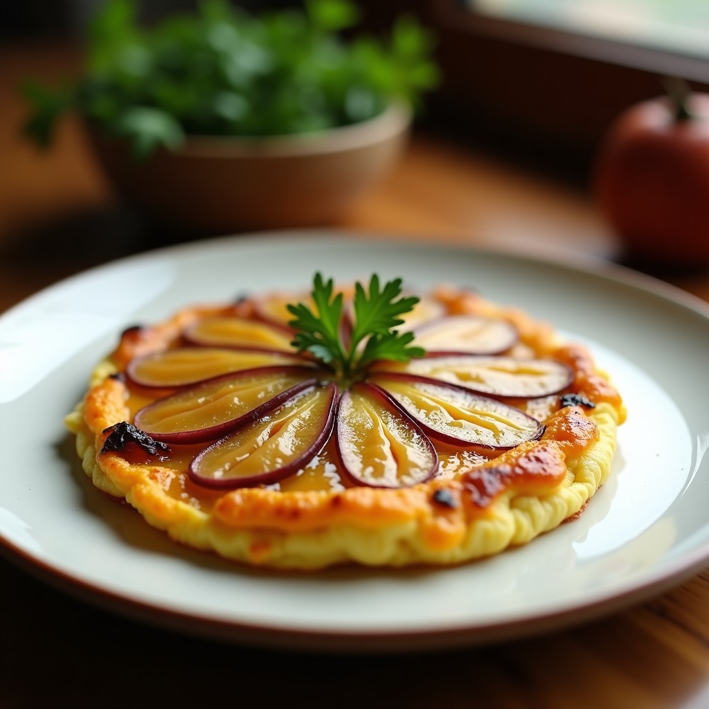 Tortilla de patata dorada y crujiente con cebolla caramelizada en su interior, servida en plato blanco rústico, receta olla de aire.