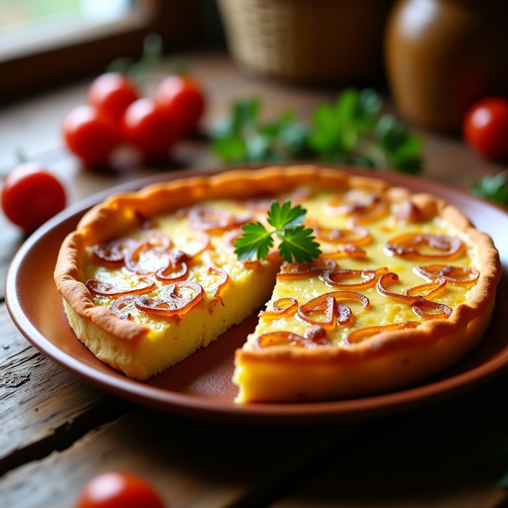 Tortilla de patata dorada con cebolla caramelizada en su interior, cortada en porciones, servida en plato de barro rústico, receta olla a presión.