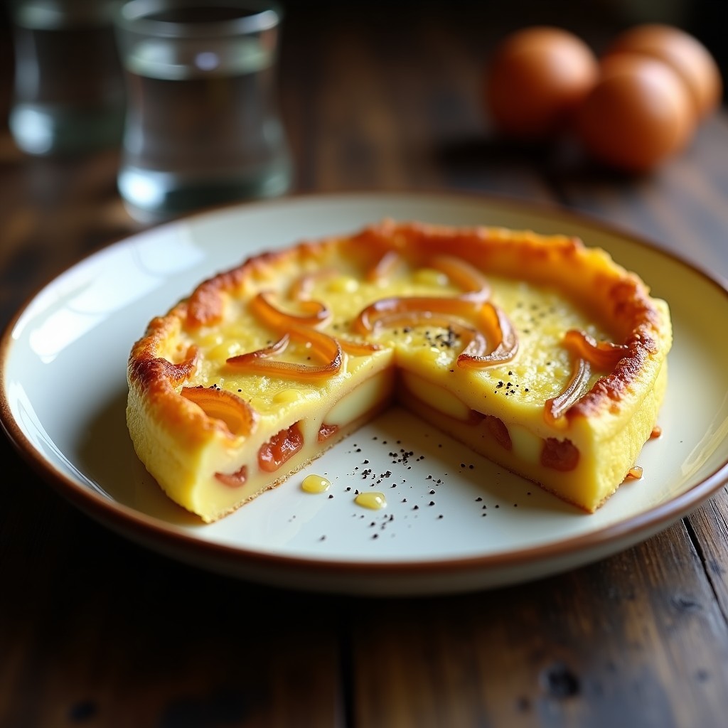 Tortilla de patata dorada y esponjosa con cebolla caramelizada en su interior, servida en plato blanco rústico, receta ollas superpuestas sin vigilar.