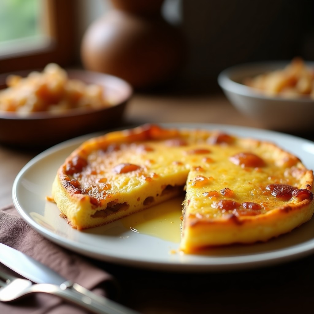 Tortilla de patata dorada con cebolla caramelizada en su interior, cortada en porciones y servida en un plato de barro con un tenedor de madera.