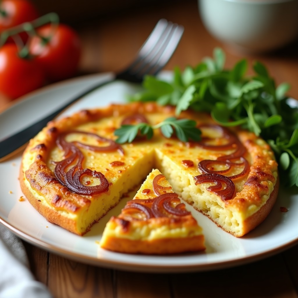 Tortilla de patata dorada con cebolla caramelizada en molde de horno, receta tradicional sin voltear, servida en plato rústico con ensalada verde.
