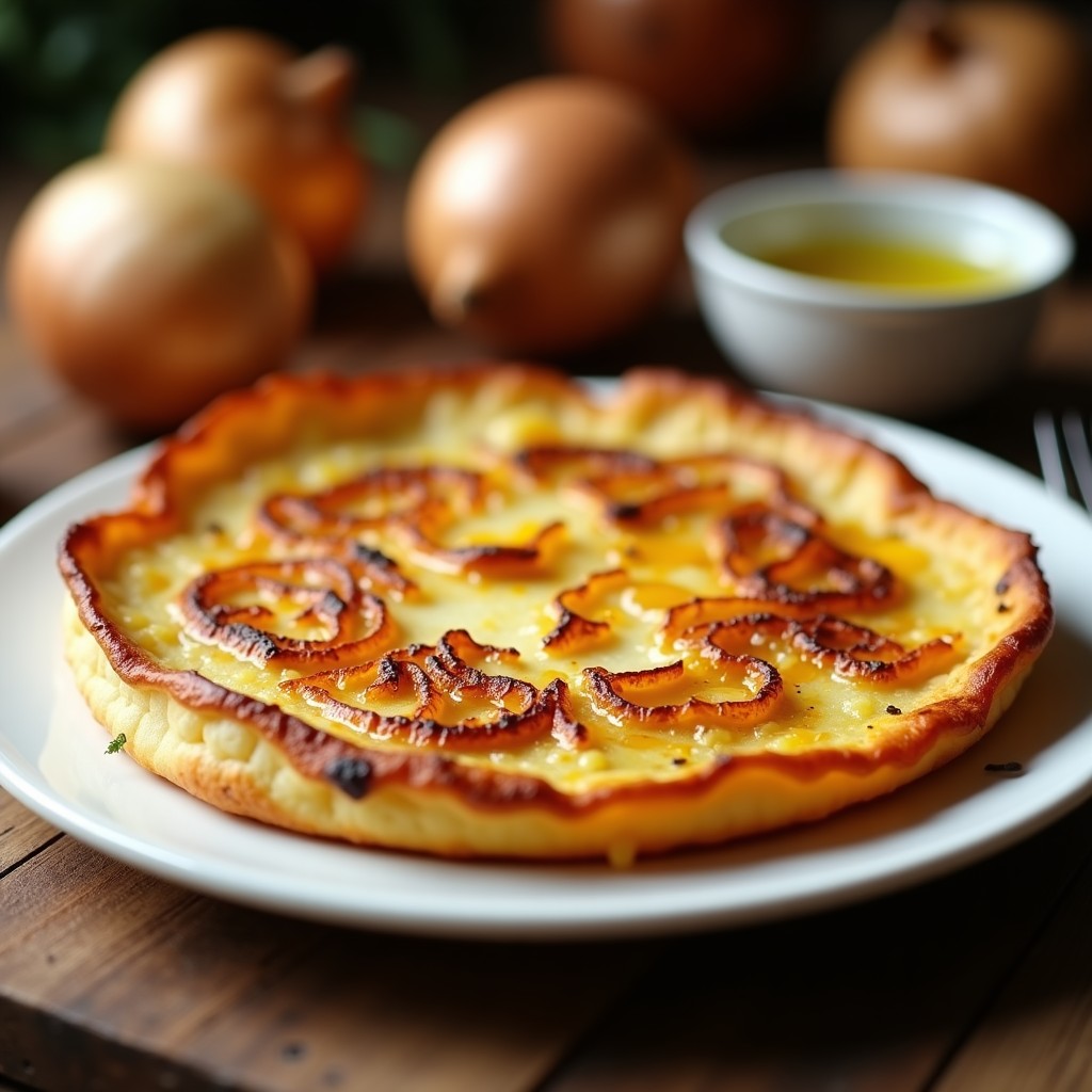 Tortilla de patata y cebolla dorada y crujiente en molde de airfryer, con bordes perfectamente cocidos y centro jugoso, servida en plato de cerámica blanca.
