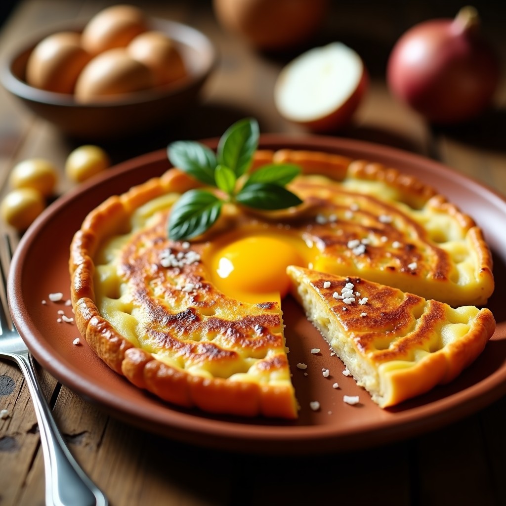 Tortilla de patata y cebolla dorada y crujiente en molde redondo, con yema líquida visible en el centro, servida en plato de barro rústico. Receta de airfryer.