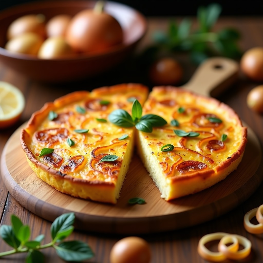 Tortilla de patata y cebolla dorada y crujiente en su superficie, cortada en porciones, con un toque rústico y jugosa por dentro, receta de horno.