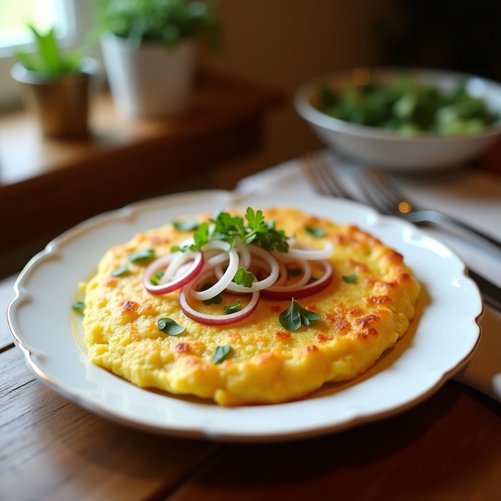 Tortilla de patata y cebolla crujiente dorada por fuera, jugosa por dentro, cocinada en ollas superpuestas, servida en plato rústico con un trozo cortado para mostrar el interior.