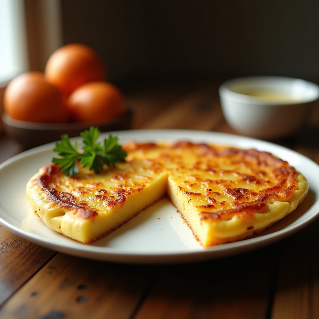 Tortilla de patata y cebolla crujiente recién hecha, dorada por fuera y jugosa por dentro, servida en plato blanco sobre fondo rústico de madera.