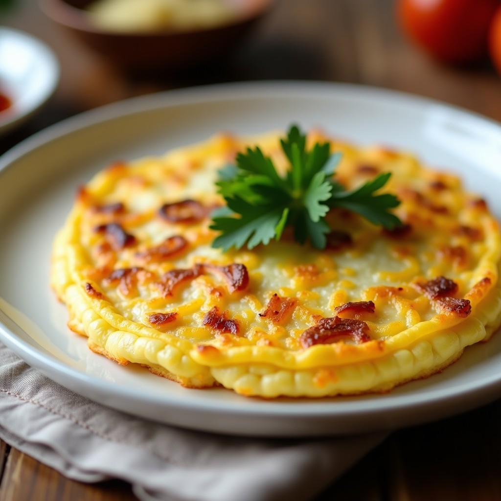 Tortilla de patata y cebolla en microondas, dorada y esponjosa, servida en plato blanco con perejil fresco espolvoreado, receta sin aceite.