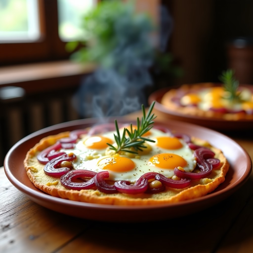 Tortilla española dorada con trozos de patata y cebolla morada, humeante y con un toque ahumado, servida en plato de barro rústico.
