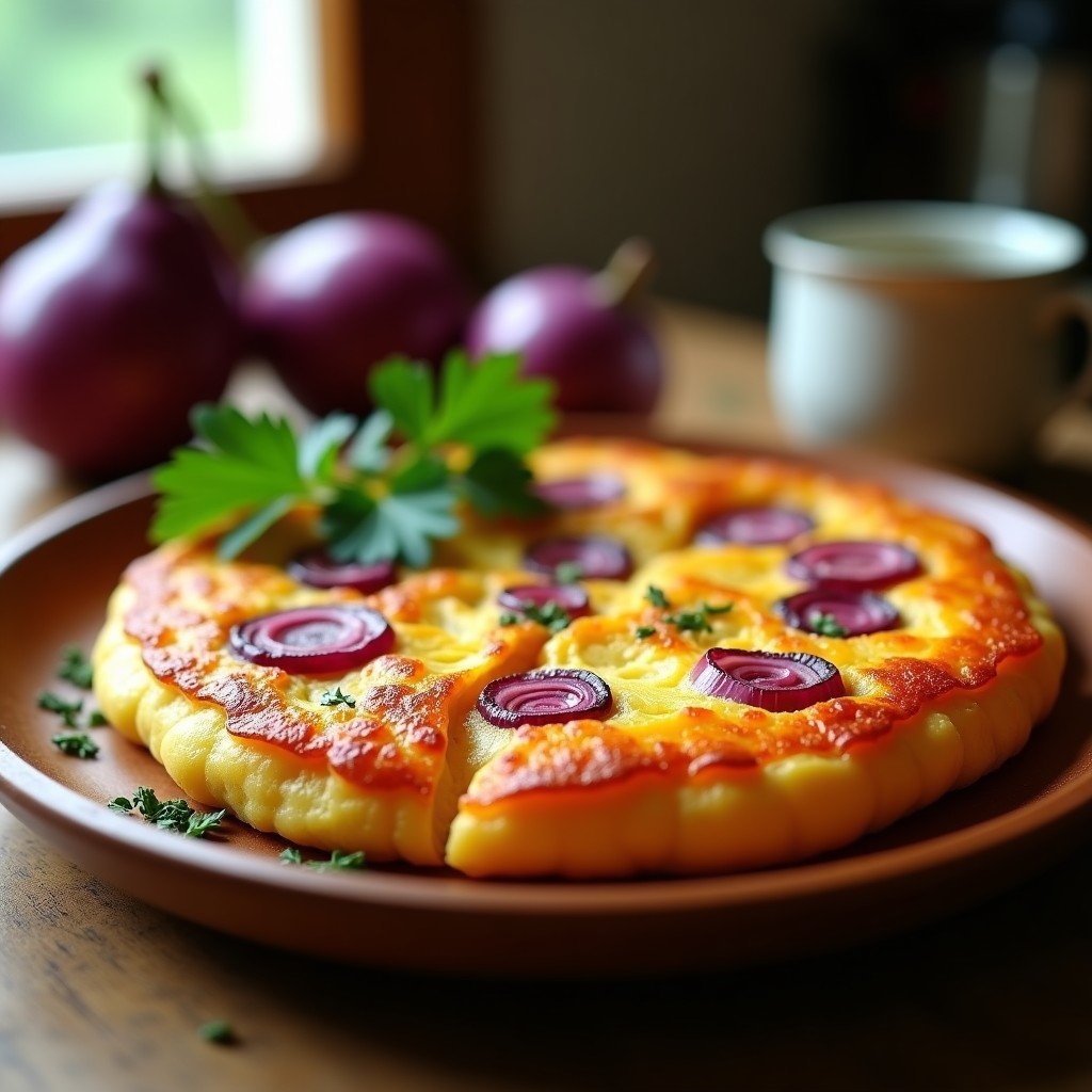 Tortilla de patata yebra dorada y esponjosa en molde redondo, con trozos visibles de cebolla morada caramelizada y un toque de pimentón en la superficie. Servida sobre un plato de madera rústica con una ramita de perejil fresco.