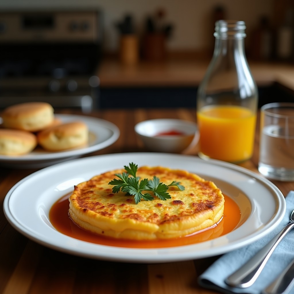 Tortilla de patata dorada y crujiente servida en plato blanco, con trozos visibles de cebolla morada fermentada y un toque de pimentón por encima. Receta de airfryer probiótica.