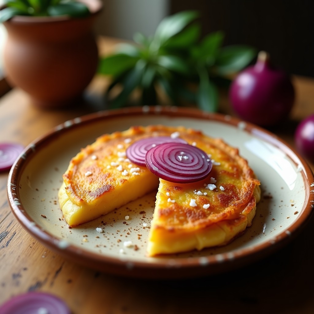 Tortilla de patata dorada y jugosa con capas de cebolla morada fermentada, servida en plato de barro rústico, receta gourmet y probiótica.