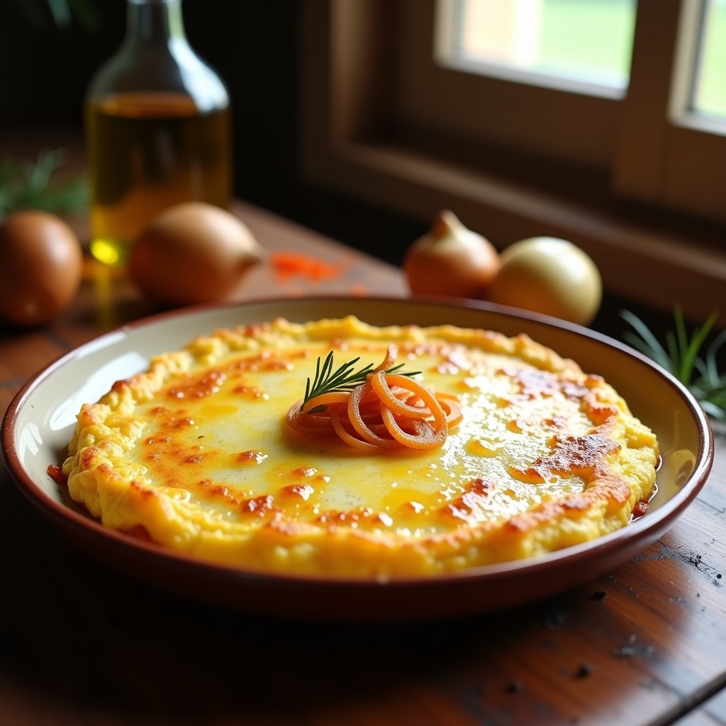 Tortilla de patata y cebolla dorada por fuera con yema cremosa y centro jugoso, servida en plato de barro rústico, receta olla GM.
