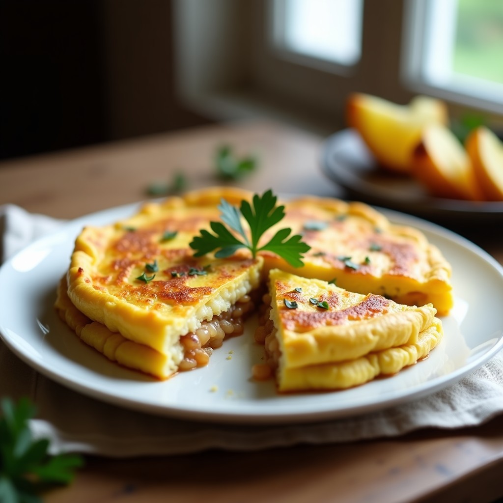 Tortilla de patata y cebolla dorada por fuera y jugosa por dentro, servida en un plato de cerámica blanca con fondo rústico de madera.