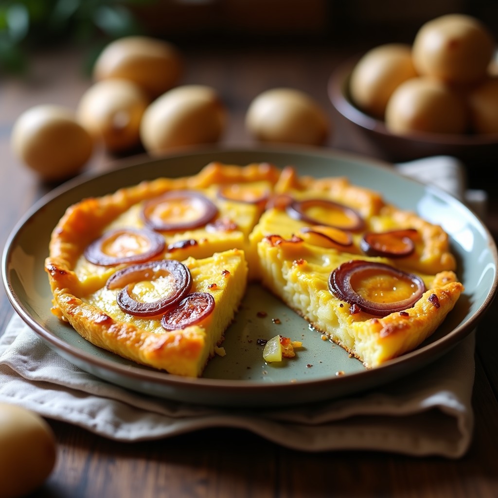 Tortilla de patata y cebolla dorada y esponjosa cortada en porciones, con trozos de patata y cebolla morada visibles, servida en plato de barro rústico, receta Thermomix.