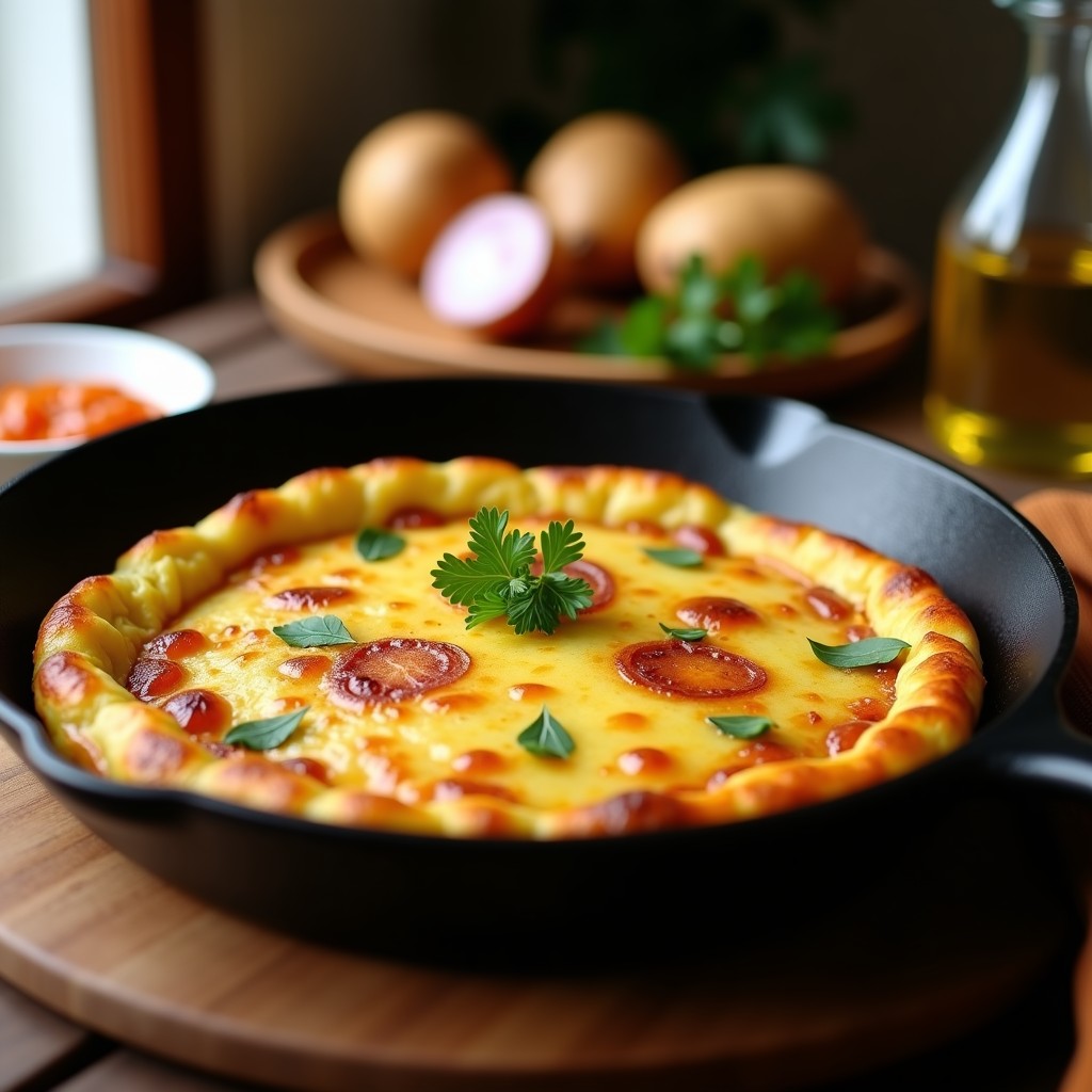 Tortilla de patata y cebolla dorada en sartén de hierro, con bordes ligeramente crujientes y interior jugoso, servida en plato rústico.