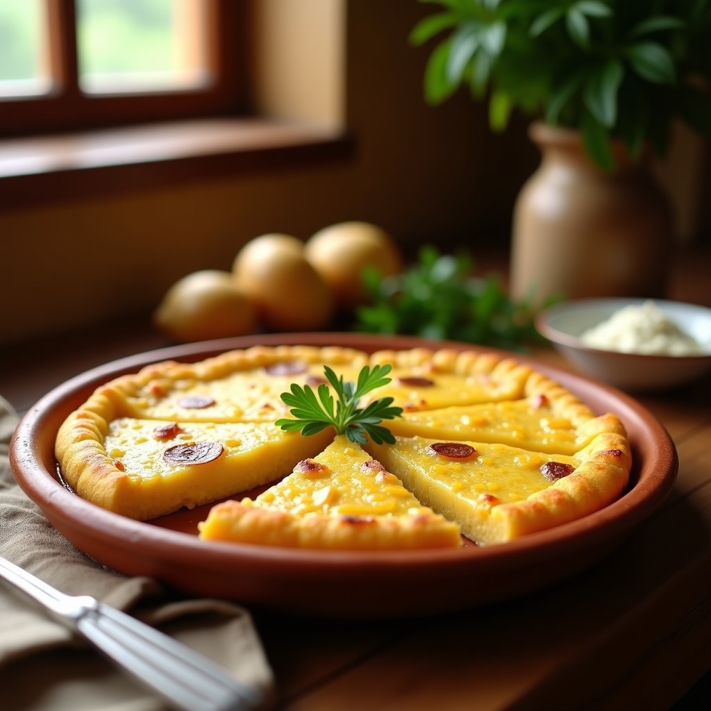 Tortilla de patata con cebolla dorada y jugosa, cortada en porciones, sobre un plato de barro rústico con fondo de cocina tradicional española.