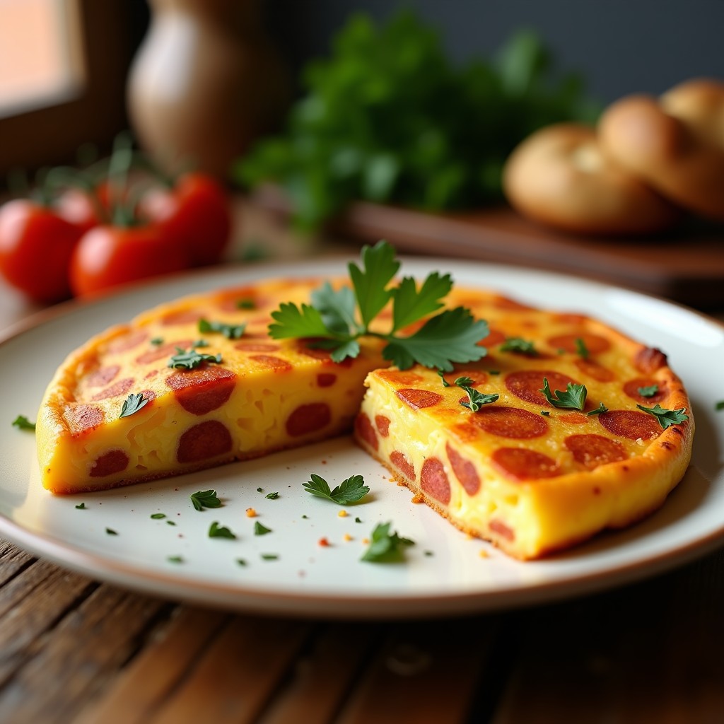 Tortilla de patata y chorizo ahumado corta en porciones, con el interior jugoso y dorado, servida en plato blanco rústico con ramitas de perejil.