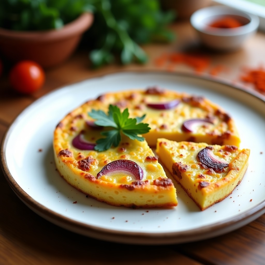 Tortilla española vegana con patatas moradas y chorizo de tempeh dorado, servida en plato de barro con perejil fresco espolvoreado.