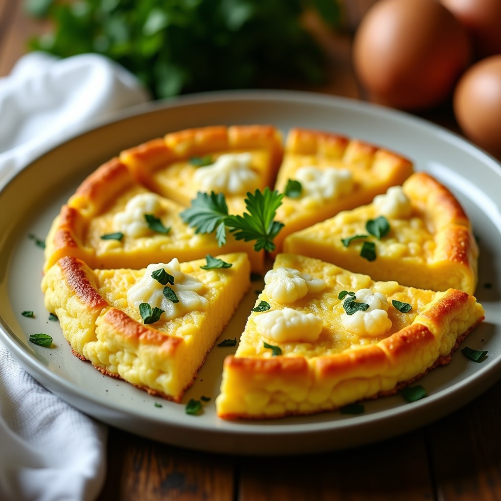 Tortilla dorada de patata y coliflor en molde redondo, cortada en porciones, con trozos visibles de verduras y perejil fresco, receta microondas sin aceite.