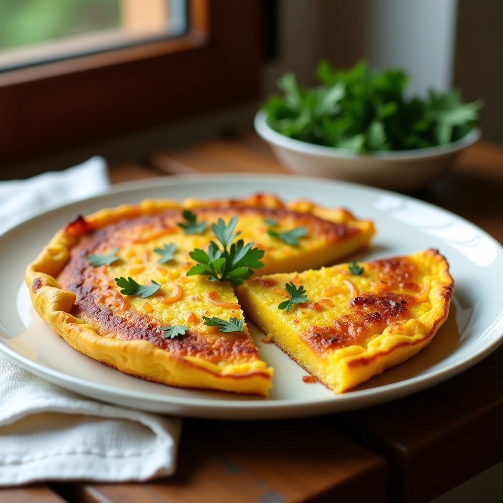 Tortilla de patata dorada con cúrcuma en airfryer, cortada en porciones, con tonos amarillos intensos y perejil fresco espolvoreado.