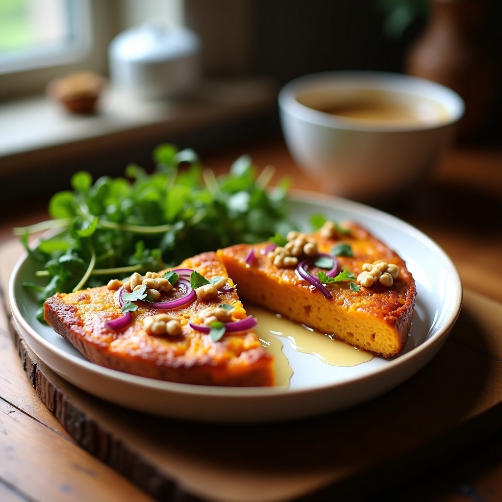 Tortilla dorada y esponjosa de patata dulce y cebolla morada, cortada en porciones, con un hilo de aliño de mostaza y miel brillando sobre su superficie. Acompañada de perejil fresco picado y servida en un plato de cerámica blanca sobre un fondo rústico de madera.