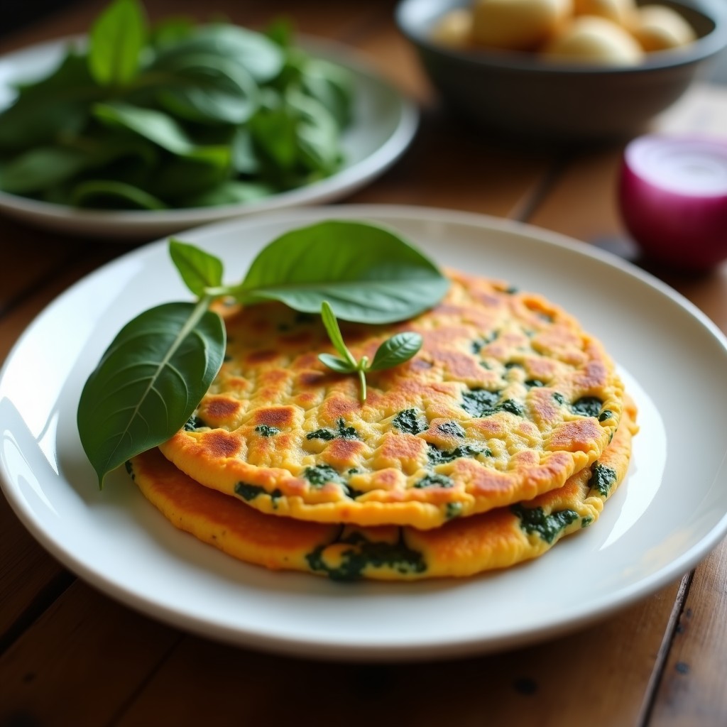 Tortilla dorada de patata dulce y espinacas keto servida en plato blanco, acompañada de hojas de espinaca fresca y rodajas de cebolla morada.