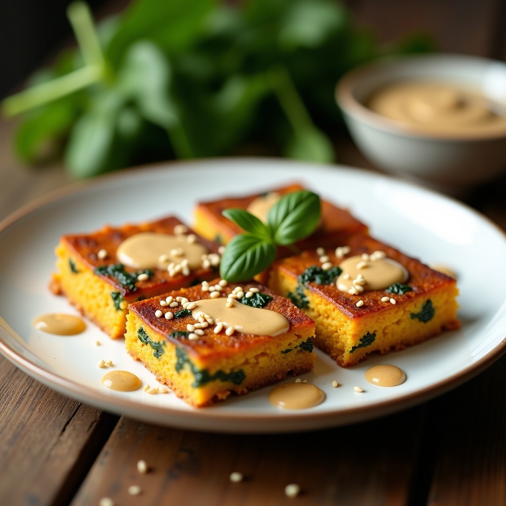 Tortilla dorada de patata dulce y espinacas cortada en cuñas, servida en un plato blanco con salsa de tahini cremosa y cebollino picado por encima. Desayuno keto saludable y apetitoso.