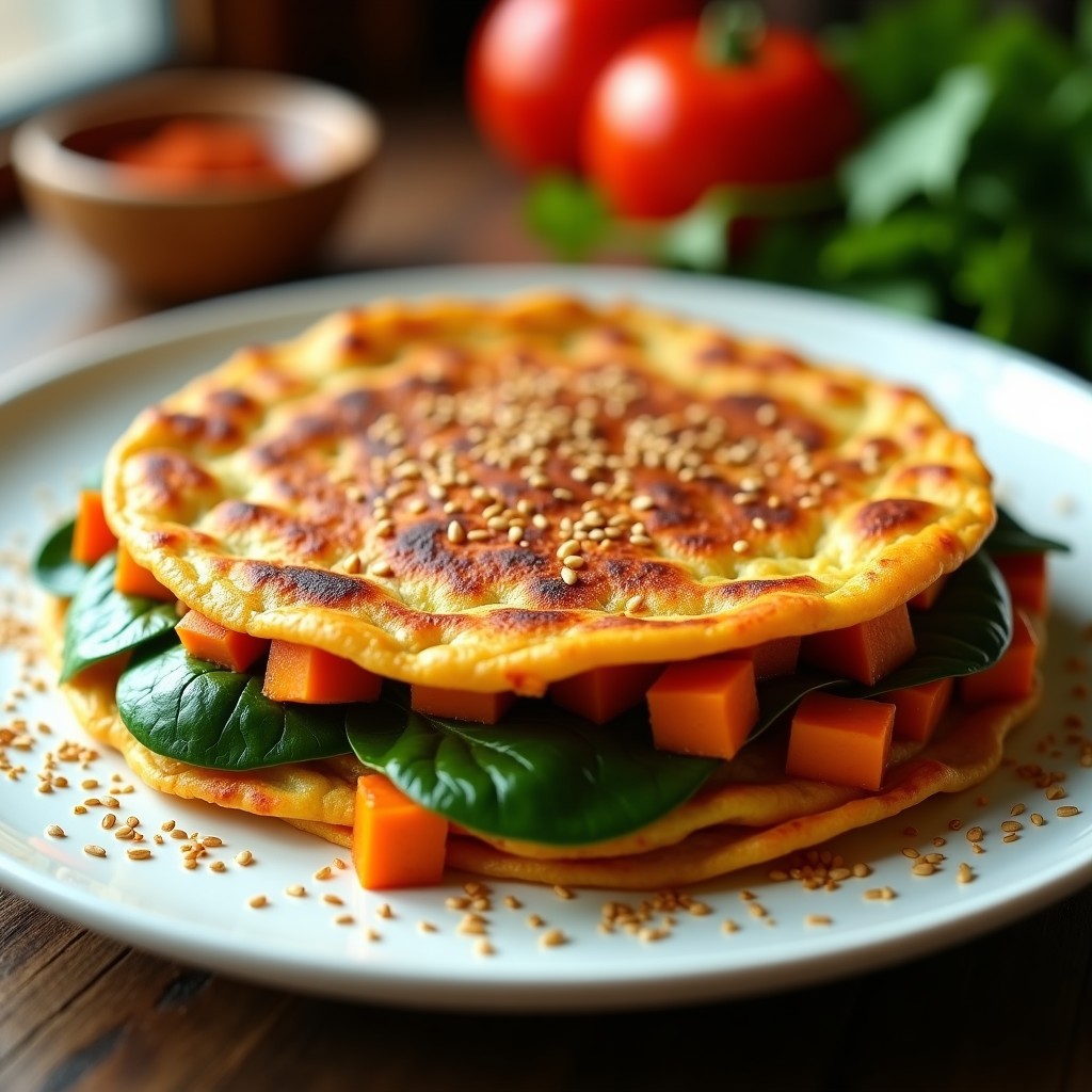 Tortilla vegana dorada de patata dulce y espinacas, espolvoreada con semillas de sésamo, servida en plato blanco con fondo rústico.