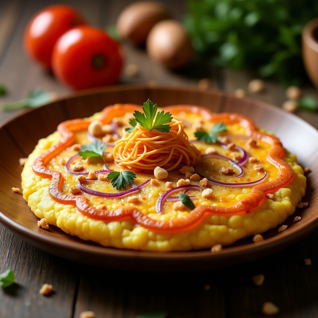 Tortilla de patata dorada con trocitos de ebi fritura crujiente por encima, servida en plato de madera rústico, receta fusión española-japonesa.
