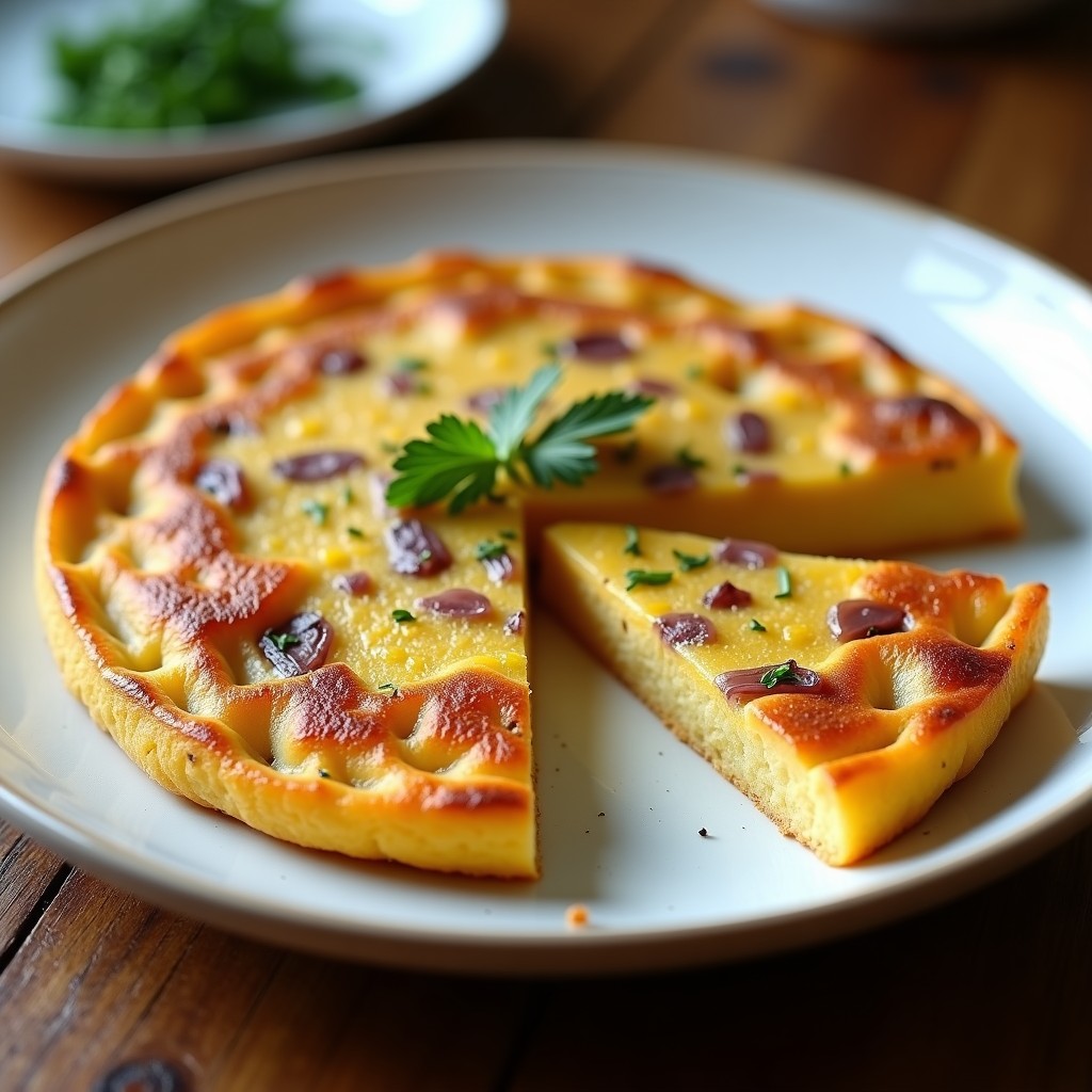 Tortilla de patata EBI sin gluten dorada y esponjosa, cortada en porciones, con trozos de patata y cebolla visibles, servida en plato blanco rústico.