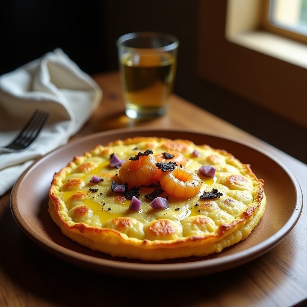 Tortilla de patata dorada con trozos de ebi trufado, servida en plato de madera con hilo de aceite de oliva y virutas de trufa negra, receta gourmet en airfryer.