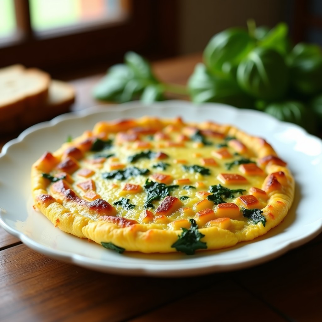 Tortilla de patata y espinaca en Thermomix servida en plato de barro, dorada por fuera y jugosa por dentro, con trozos de patata y espinacas verdes visibles.