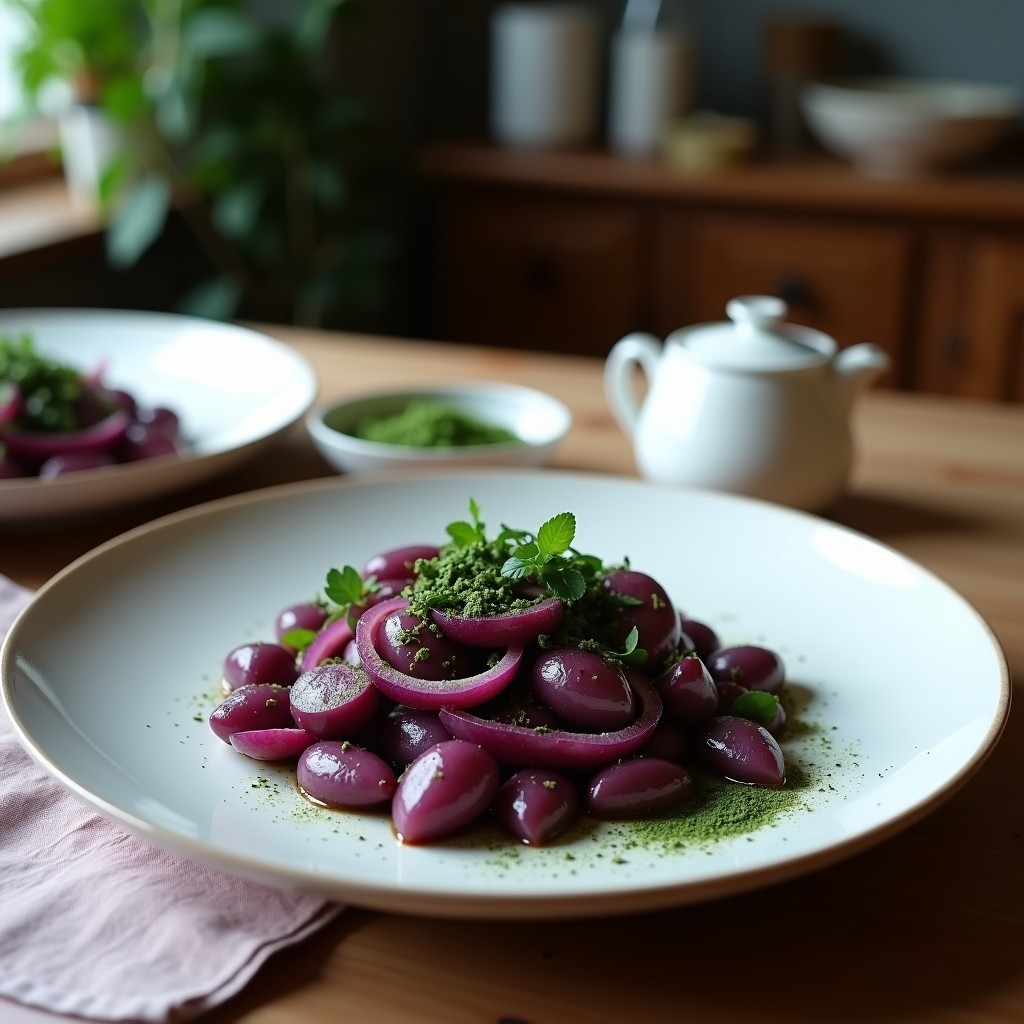 Tortilla esponjosa de color verde intenso por la espirulina, con trozos dorados de patata amarilla andina y cebolla morada caramelizada. Decorada con perejil fresco y servida en plato de barro rústico, típica del desayuno andino alto en hierro.