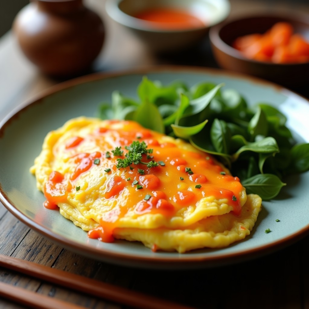 Tortilla dorada en sartén con trozos de patata roja, kimchi y queso de coco desmenuzado, decorada con semillas de sésamo negro. Receta fusión coreana-vegana.