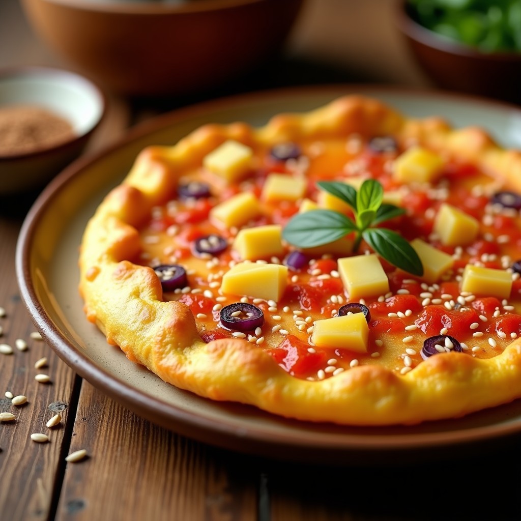 Tortilla de patata y kimchi dorada por fuera, jugosa por dentro, con trozos visibles de patata, cebolla morada y kimchi fermentado. Espolvoreada con semillas de sésamo tostadas, servida en plato rústico de barro con fondo desenfocado.