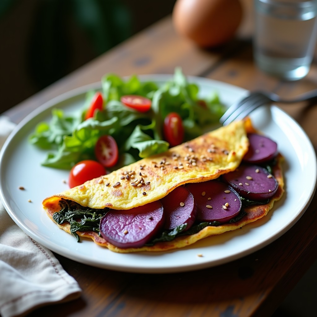 Tortilla dorada y esponjosa de patata morada con trozos visibles de algas wakame, decorada con semillas de sésamo tostado, servida en plato blanco sobre fondo de madera rústica. Receta sin gluten y rica en yodo en airfryer.