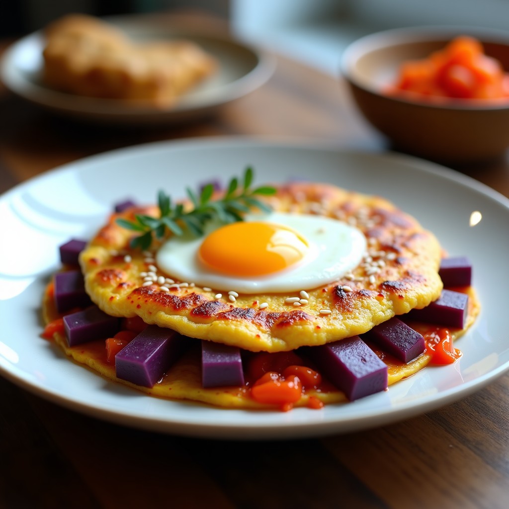 Tortilla dorada y esponjosa de patata morada y kimchi con huevos de codorniz, servida en plato blanco con semillas de sésamo tostado. Desayuno coreano alto en probióticos, con tonos morados y rojos vibrantes.