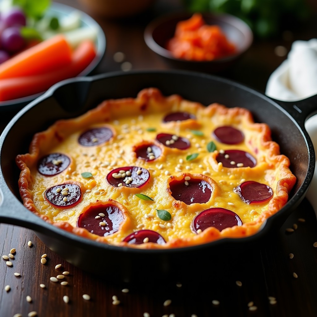 Tortilla de patata morada y kimchi servida en plato blanco, con bordes dorados, semillas de sésamo espolvoreadas y trozos de kimchi visibles, acompañada de un tenedor de madera. Receta fusion coreana-española probiótica.
