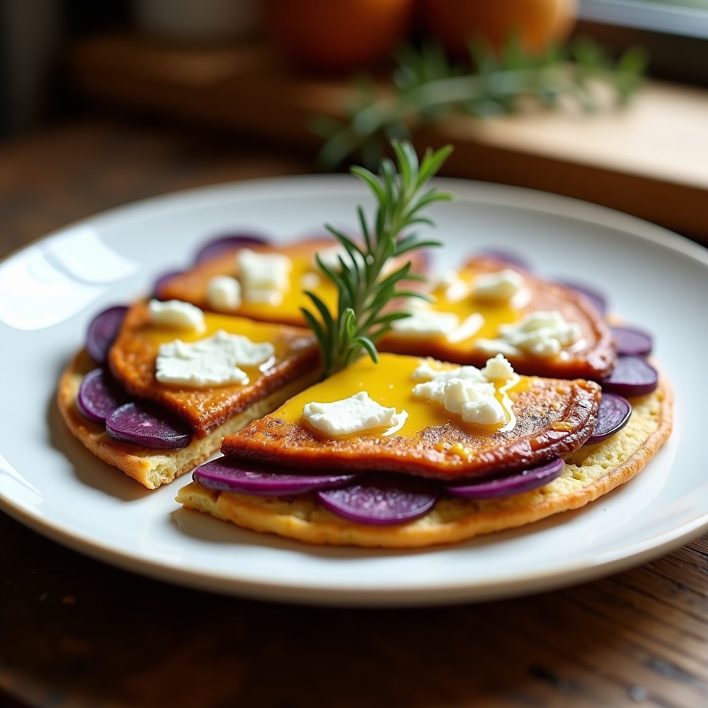 Tortilla española dorada con láminas de patata morada y trozos de queso de cabra derretido, cortada en porciones y servida en plato de cerámica blanca con ramita de romero fresco y chorrito de aceite de oliva virgen extra.