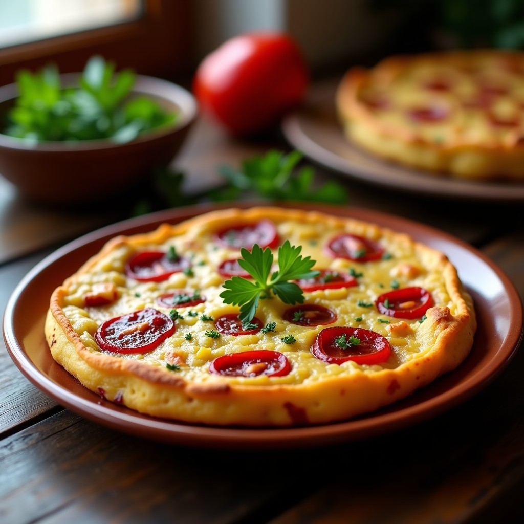 Tortilla vasca dorada y jugosa con trozos de patata, cebolla caramelizada y pimiento choricero, servida en plato rústico de barro con fondo de madera oscura.